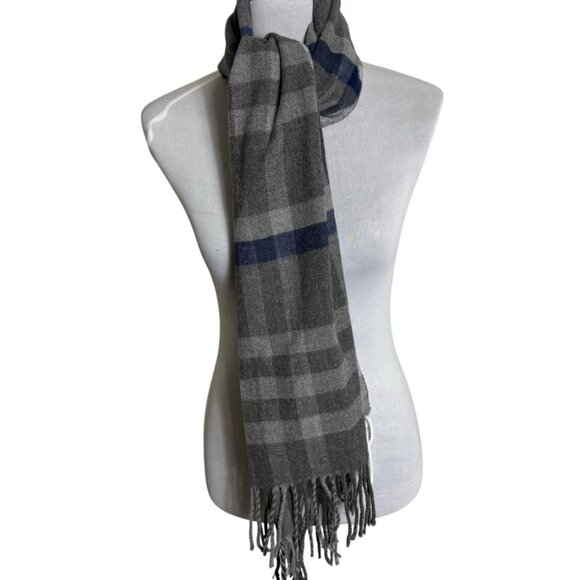 Winter Plaid Cashmere Feel Scarf Tassels Grey Blue Italian Design Warm Gift - Picture 6 of 13